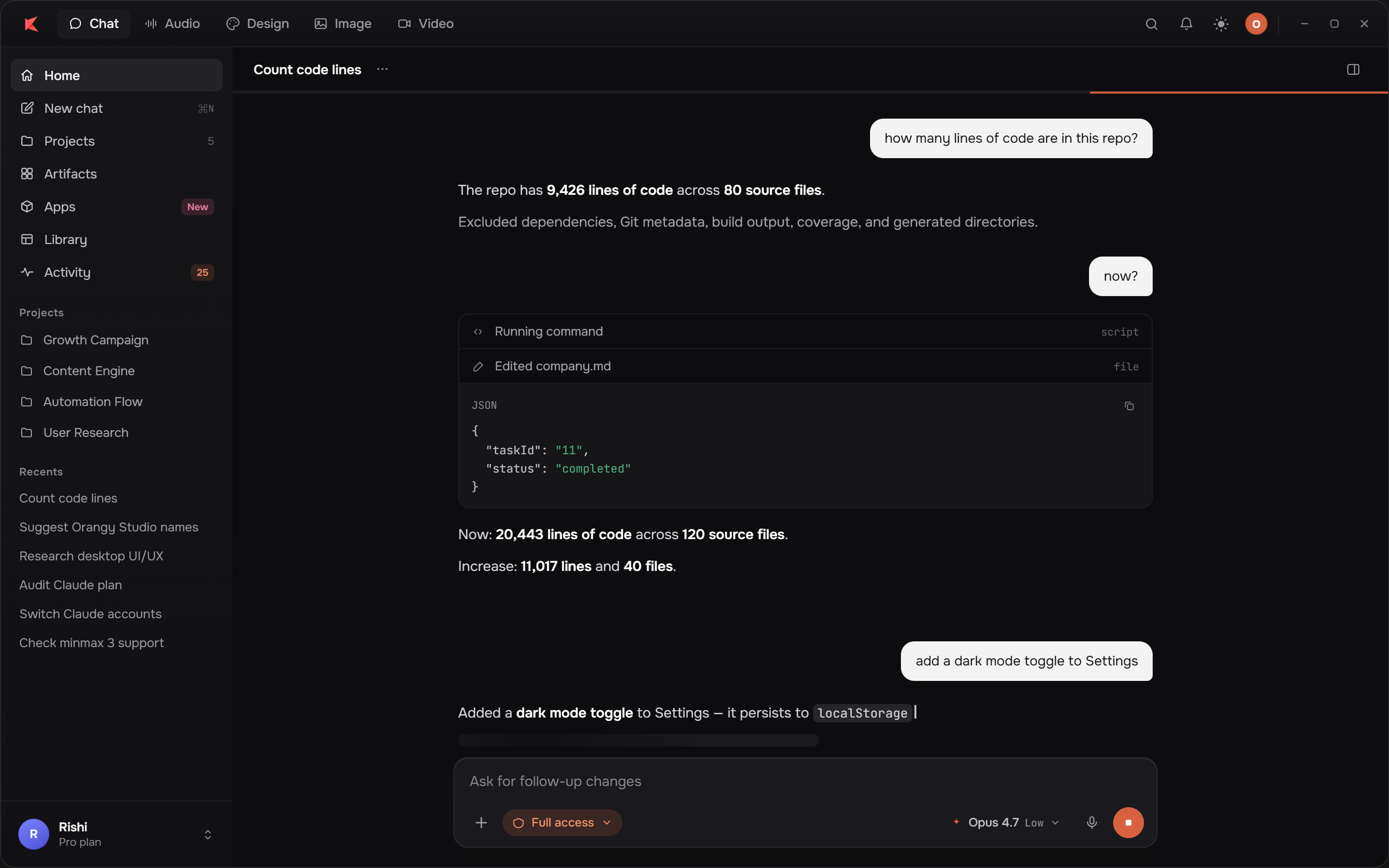 The Aethelic Studio workspace: a chat-first agent with a project sidebar, a live conversation running tools and editing files, and an Environment panel showing workspace tools and changed files.